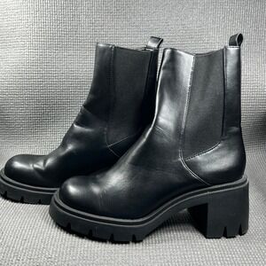 Zara Platform Chunky Ankle Boots Womens Size 38 Black Leather Booties Casual‎